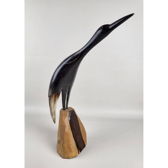 Crane Bird Hand Carved Horn Sculpture on Wood Base MCM Artist Marked - Picture 4 of 12